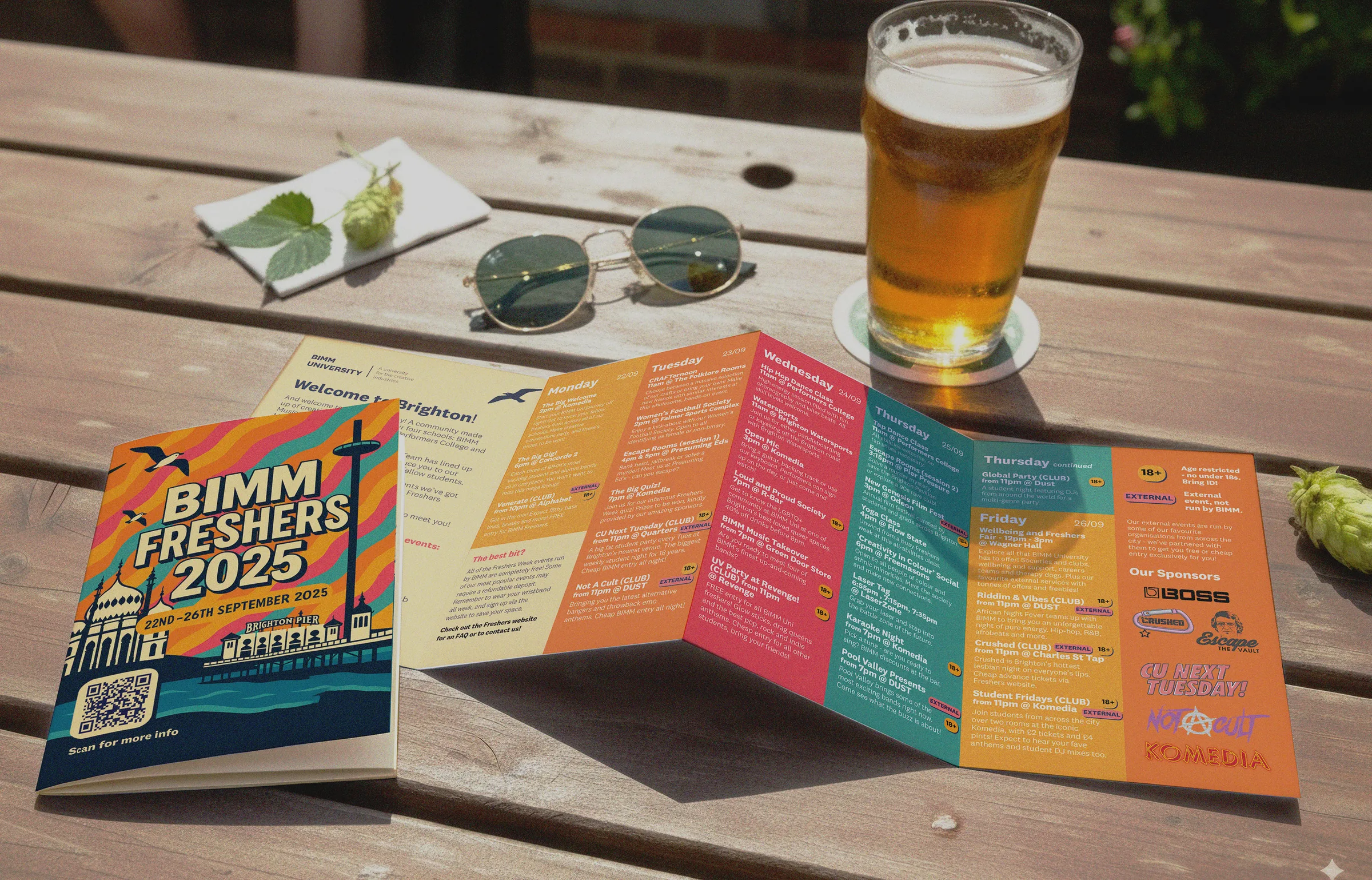 The Freshers 2025 booklet on a pub table
